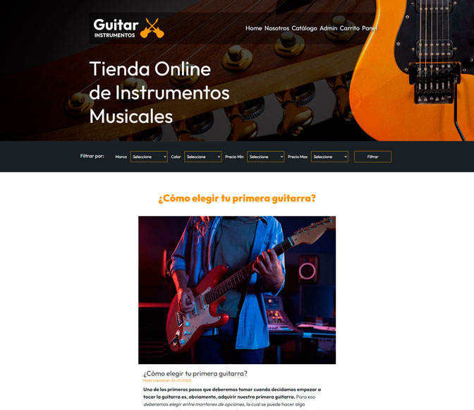 Portada de la página de venta de guitarras en PHP